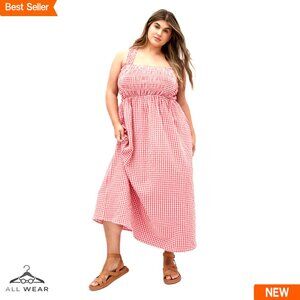 Gingham Maxi Dress Summer Elegant Fit Flare Square Neck Sleeveless